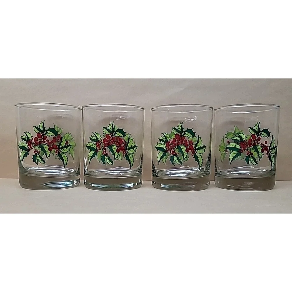 Set of 4 Christmas Green/Red Holly & Berries Lowball/Rocks/Whiskey Glasses